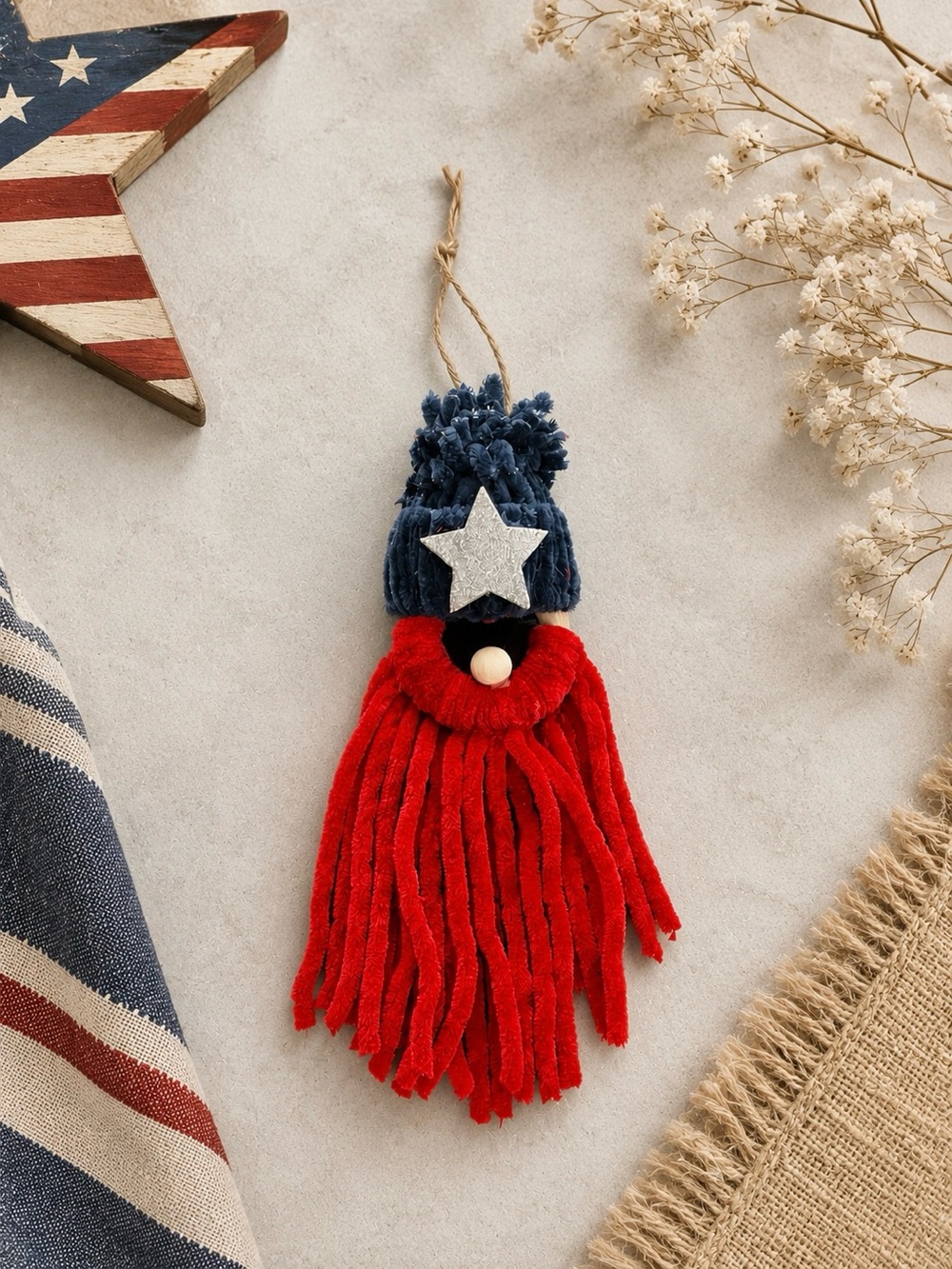 Handmade Gnome Patriotic Red & Blue Tassel Yarn Ornament-Silver Star Accent